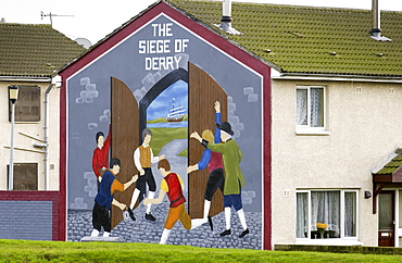 Protest mural depicts The Siege of Derry painted on house wall in Belfast, Northern Ireland