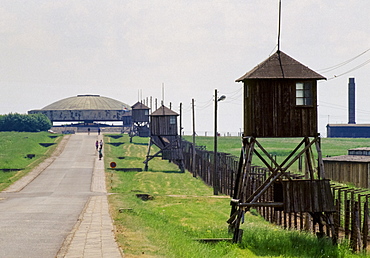 Guard posts at the fence at Majdanek Concentration Camp for holocaust victims, Poland