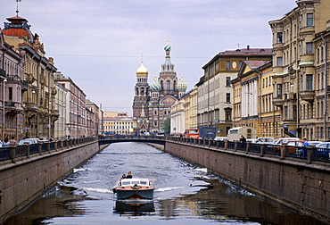 Boat on canal in St Petersburg, Russia