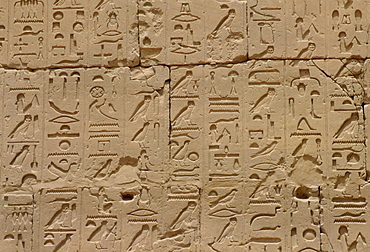 Inscriptions on the walls in the Great Hypostyle Hall, Karnak Temple, Luxor, Egypt.