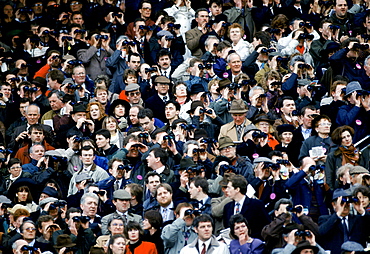 Spectactors in grandstand at Cheltenham Racecourse for the National Hunt Festival of Racing, UK