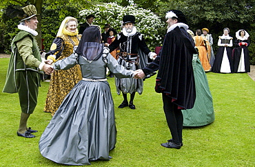 Dancers in costumes re-enact Elizabethan days and traditional dance in Middle England, United Kingdom