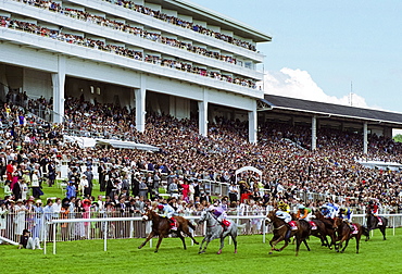 Crowds of spectactors watching the racing by the racetrack at Epsom Racecourse for Derby Day, UK