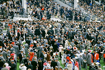 Crowds of spectactors in traditional top hats and tails at Epsom Racecourse for Derby Day, UK