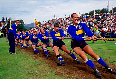 Tug O'War (Tug of War) test of strength at the Braemar Games highland gathering  in Scotland.