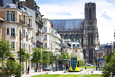 Modern tram in Cours de Jean-Baptiste Langlet in Reims, Champagne-Ardenne, France, Europe