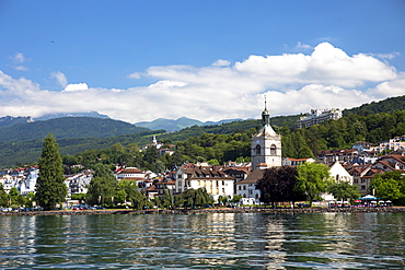 The town and church of Evian-les-Bains by Lake Geneva (Lac Leman), Rhone-Alpes, France, Europe