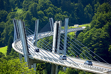 New road suspension bridge at Klosters in Graubunden region, Switzerland, Europe