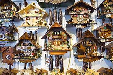 Traditional cuckoo clocks on sale in Geschenkehaus shop in the town of Seefeld in the Tyrol, Austria, Europe