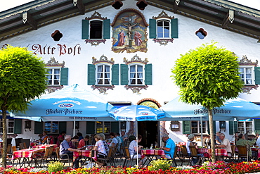 Religious painting of Passion Scene on Alte Post hotel in village of Oberammergau in Upper Bavaria, Germany, Europe