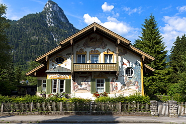 Painted facade of Grimms Fairy Tale story of Little Red Riding Hood in the village of Oberammergau in Bavaria, Germany, Europe