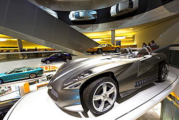 Mercedes F400 Carving V6 presented 2001 in foreground, Mercedes-Benz concept cars in museum gallery in Stuttgart, Bavaria, Germany, Europe