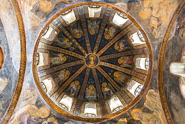 Iconic religious art of fresco and mosaics on the dome ceiling of the Byzantine church at Chora in Istanbul, Turkey, Europe