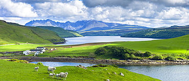 Traditional Scottish farm and loch with backdrop of The Cuillins mountains on the Isle of Skye, Western Isles, Inner Hebrides, Scotland, United Kingdom, Europe