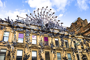 Famous peacock modern art sculpture above Prince's Square Shopping Centre in Buchanan Street, Glasgow City Centre, Scotland, United Kingdom, Europe