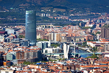 Aerial view of Guggenheim Museum, Iberdrola Tower skyscraper and Red Bridge in Bilbao, Basque country, Euskadi, Spain, Europe