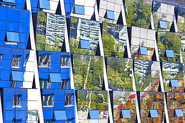 Reflections in the futuristic glass-fronted Silken Gran Hotel Domine in Bilbao, Basque country, Spain, Europe