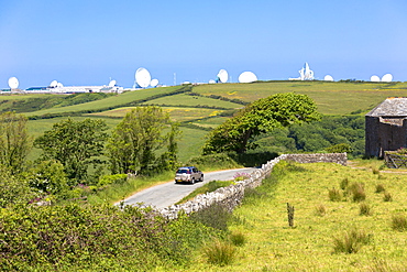 Satellite antenna dish at GCHQ Bude Satellite Listening Station (Government Communications Headquarters) defence at Cleave Camp, Cornwall, England, United Kingdom, Europe