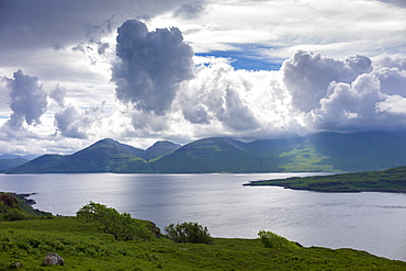 Panoramic view across Loch Na Keal to Ben More mountain on the Isle of Mull, Inner Hebrides, Western Isles, Scotland, United Kingdom, Europe