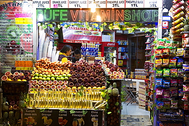 Grocers shop small supermarket selling fresh produce of local fruit and vegetables in Istanbul, Turkey, Europe