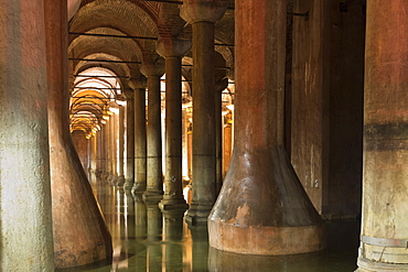 Water reflecting columns at Basilica Cistern (Sunken Palace) subterranean water system underground, Istanbul, Turkey, Europe