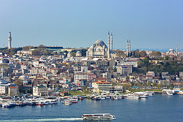 Skyline cityscape and the Blue Mosque and passenger ferry on Bosphorus in Istanbul, Turkey, Europe, Durasia