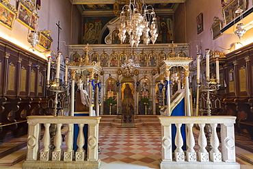 Ornate Greek Orthodox church with religious icons at Paleokastritsa Monastery, dating from the 13th century in Corfu, Greek Islands, Greece, Europe