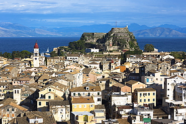 Panorama of Kerkyra, Corfu Town with Old Fort (Paleo Frourio), UNESCO World Heritage Site, Corfu, Greek Islands, Greece, Europe