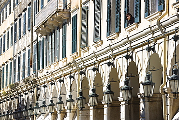 The arcades and traditional lanterns of the famous Liston at the Spianada in Kerkyra, Corfu Town, Corfu, Greek Islands, Greece, Europe