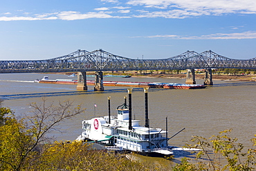 Old Paddle steamer, Isle of Capri, moored as a hotel and casino on Mississippi River by Natchez Bridge, USA