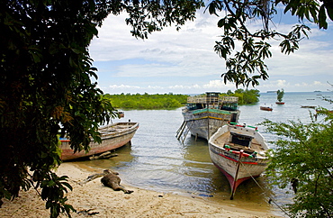 Old dhows moored at boatyard, Zanzibar