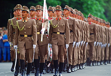 Hungarian Soldiers in khaki uniform marching in Budapest, Hungary