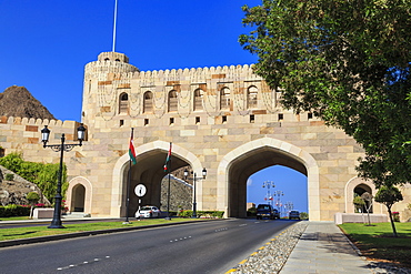 Muscat Gate Museum, straddles the road between Mutrah Corniche and old walled city, Muscat, Oman, Middle East