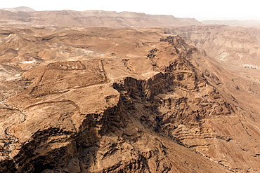 Roman military camp ruins and the Judaean desert, seen from the Masada fortress, UNESCO World Heritage Site, Israel, Middle East