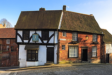 Half-timbered Harlequin, antique book store in historic building, Steep Hill, Cathedral Quarter, Lincoln, Lincolnshire, England, United Kingdom, Europe