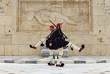 Evzone soldiers, Changing the Guard, Tomb of the Unknown Soldier, Parliament Building, Syntagma Square, Athens, Greece, Europe