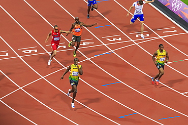 Usain Bolt after winning Men's 200m final, with finger to lips, Stadium, London 2012, Summer Olympic Games, London, England, United Kingdom, Europe