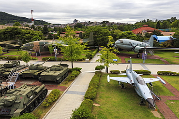 Elevated view of tanks and aircraft, outdoor exhibits at War Memorial of Korea Museum, Yongsan-Gu, Seoul, South Korea, Asia