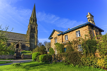 St. Peter's Church and house on Village Green, Edensor, Chatsworth Estate, home of Duke of Devonshire, Derbyshire, England, United Kingdom, Europe