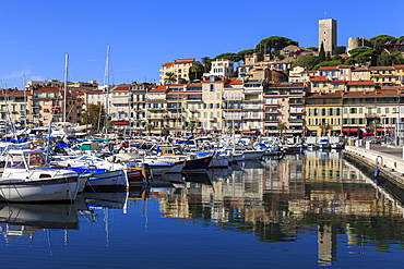 Reflections of boats and Le Suquet, Old (Vieux) port, Cannes, Cote d'Azur, Alpes Maritimes, Provences, France, Mediterranean, Europe