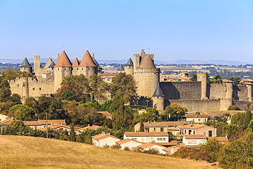 La Cite, historic fortified city, from elevated viewpoint, Carcassonne, UNESCO World Heritage Site, Languedoc-Roussillon, France, Europe