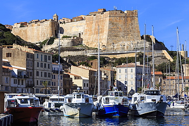 Old citadel view with yachts in the marina, Bonifacio, Corsica, France, Mediterranean, Europe