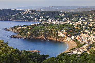 Llafranc and Calella de Palafrugell, fabulous elevated view from Cap de Sant Sebastia, Costa Brava, Girona, Catalonia, Spain, Europe