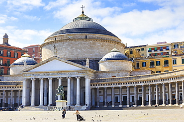 Pigeons and people in the Piazza del Plebiscito with the Basilica di San Francesco di Paola, City of Naples, Campania, Italy, Europe