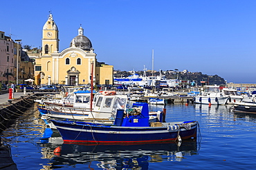 Procida Porto, Marina Grande boats and Santa Maria della Pieta church, Procida Island, Bay of Naples, Campania, Italy, Europe