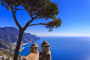 Iconic Amalfi Coast, church and umbrella pine from Villa Rufolo Gardens, Ravello, UNESCO World Heritage Site, Campania, Italy, Europe