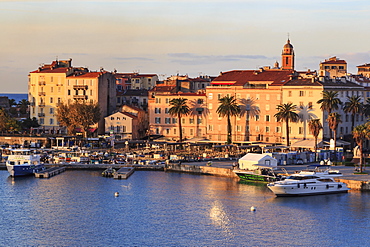 Ajaccio waterfront at sunrise, from the sea, Island of Corsica, Mediterranean, France, Mediterranean, Europe