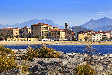 Cathedral, city and hazy mountains, from its rocky waterfont, Ajaccio, Island of Corsica, Mediterranean, France, Mediterranean, Europe