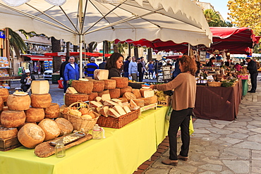 Customer being served at a cheese stall in the market, Port of Ajaccio, Island of Corsica, Mediterranean, France, Europe