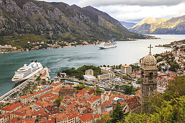 Church of Our Lady of Remedy, old town and cruise ship, St. John's Hill walls, Kotor, UNESCO World Heritage Site, Montenegro, Europe